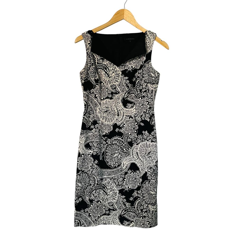 David Meister Black White Paisley Print Sleeveless Sheath Dress Size 2 - Picture 1 of 7